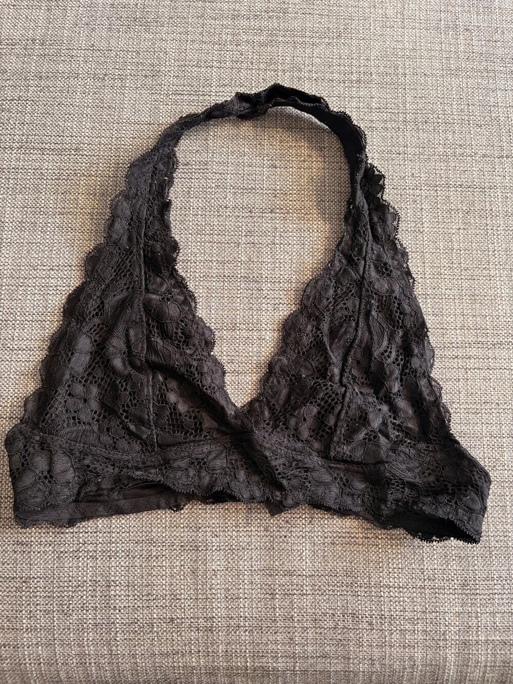 Black Lace Halter Bralette Floral Sheer Scalloped Trim Adjustable Size S